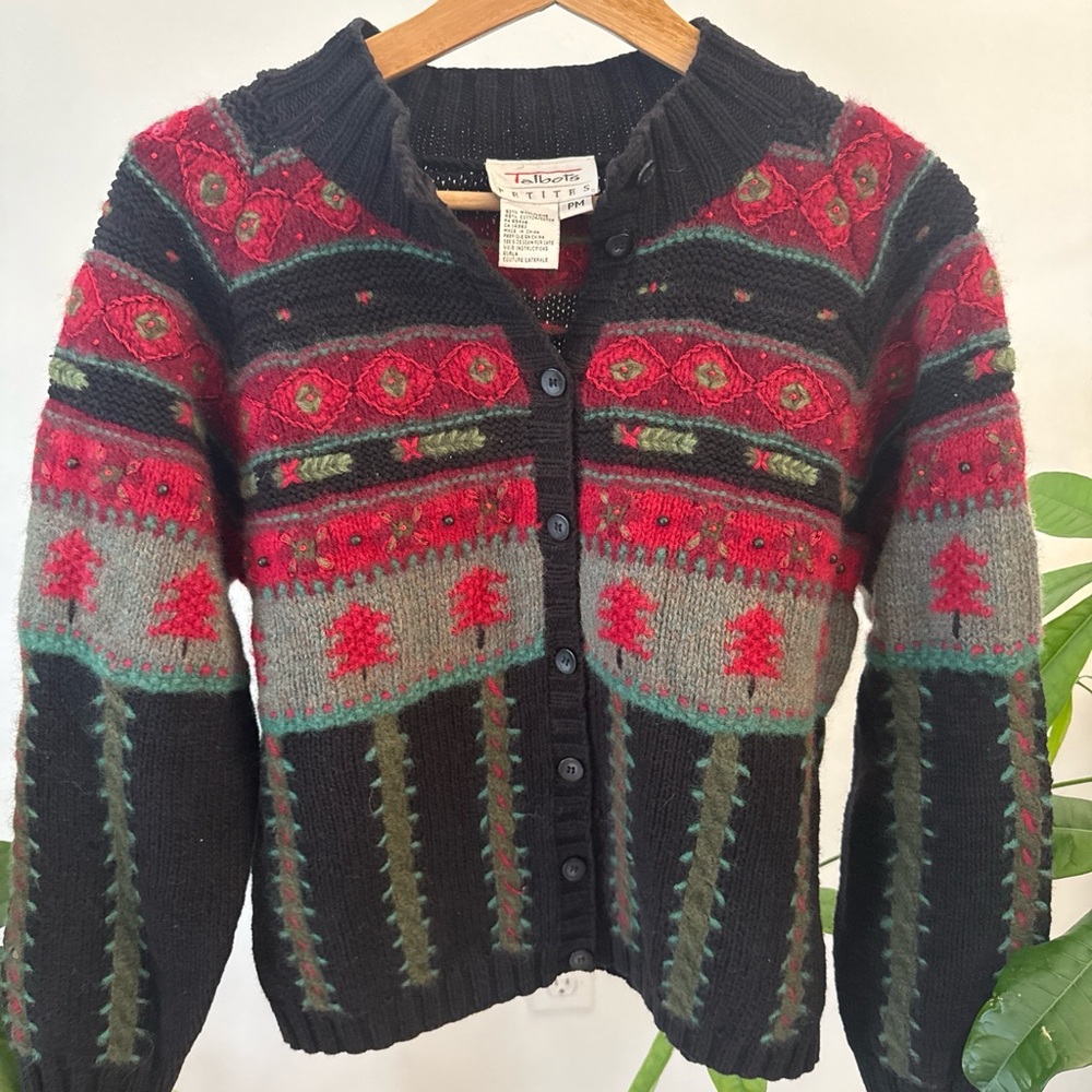 Talbots Black, Red & Gray Fair Isle Wool-Blend Cardigan - Vintage 90s
